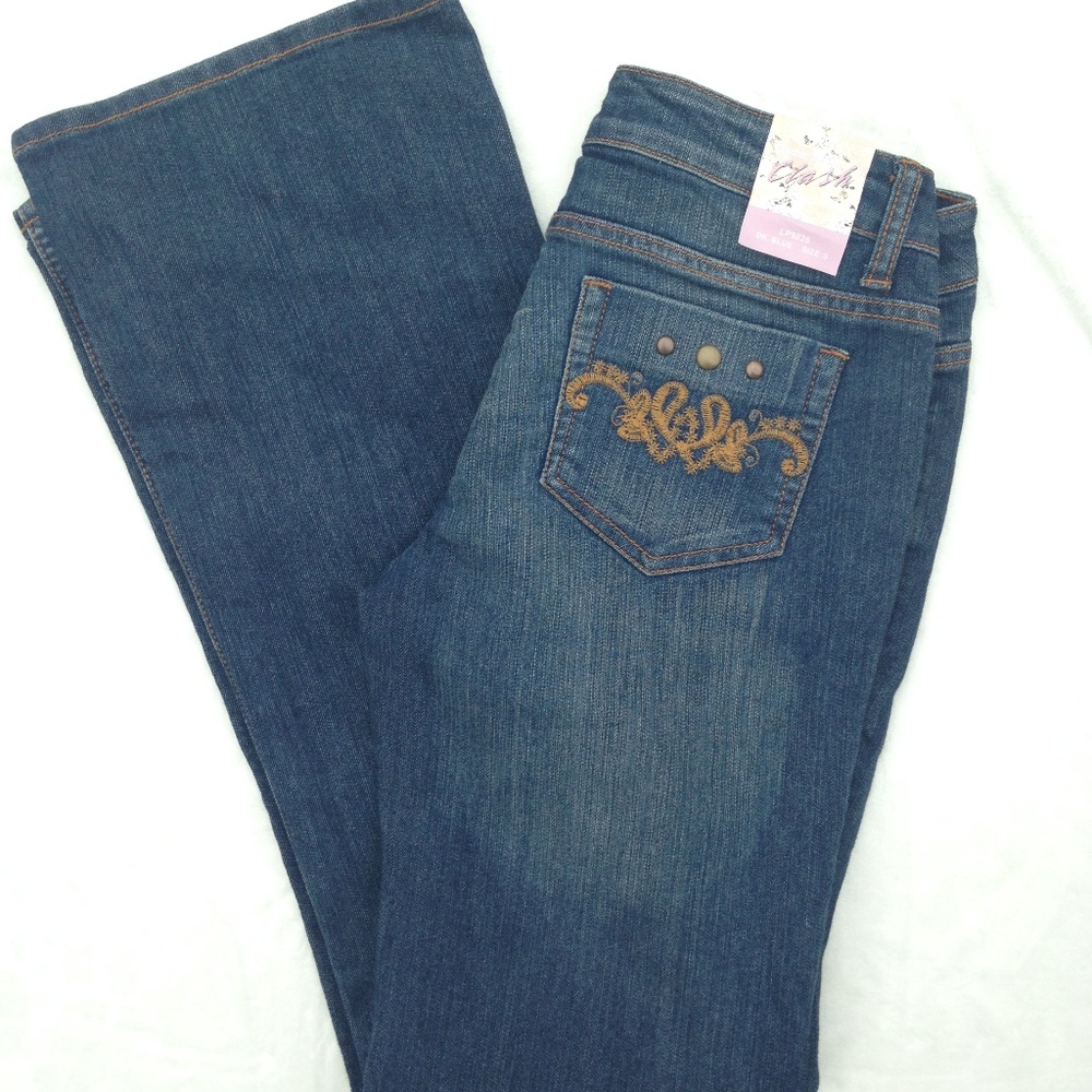 New Blue Denim Embroidered Pocket Wide Leg Jeans
